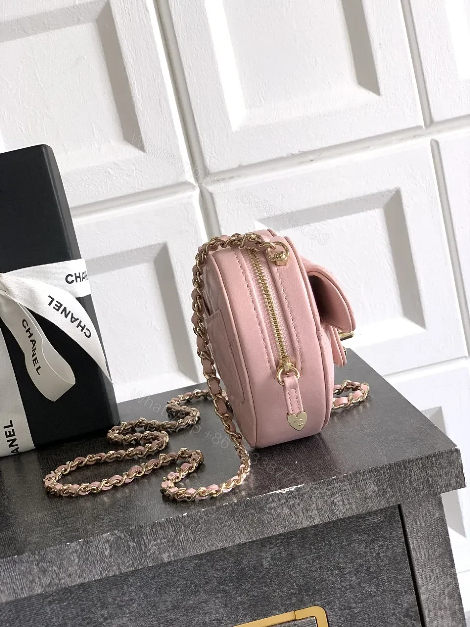 View 4 of Soft Pink Quilted Heart Mini Bag with Gold Logo Bag