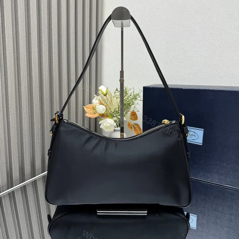 View 2 of Chic Black Nylon Prada-Influenced Shoulder Bag with Gold Hardware
