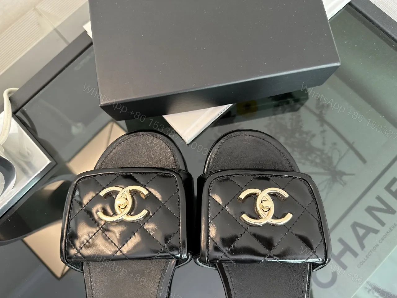 View 8 of Black Quilted Slide with Gold Logo — Luxe Comfort Slide