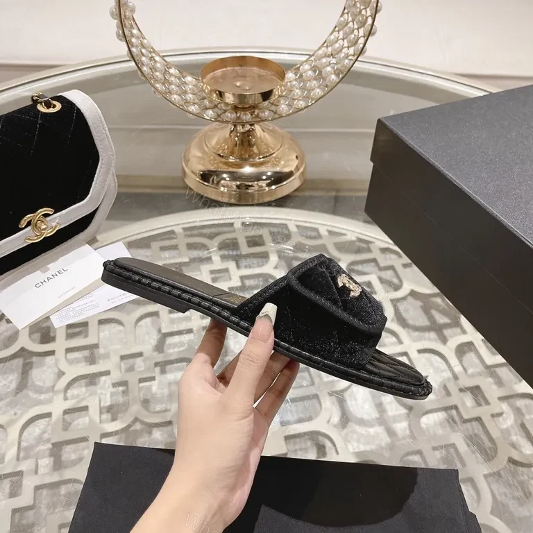 View 3 of Chanel Velvet-Trim Slide Sandals: Luxe Comfort Sandals