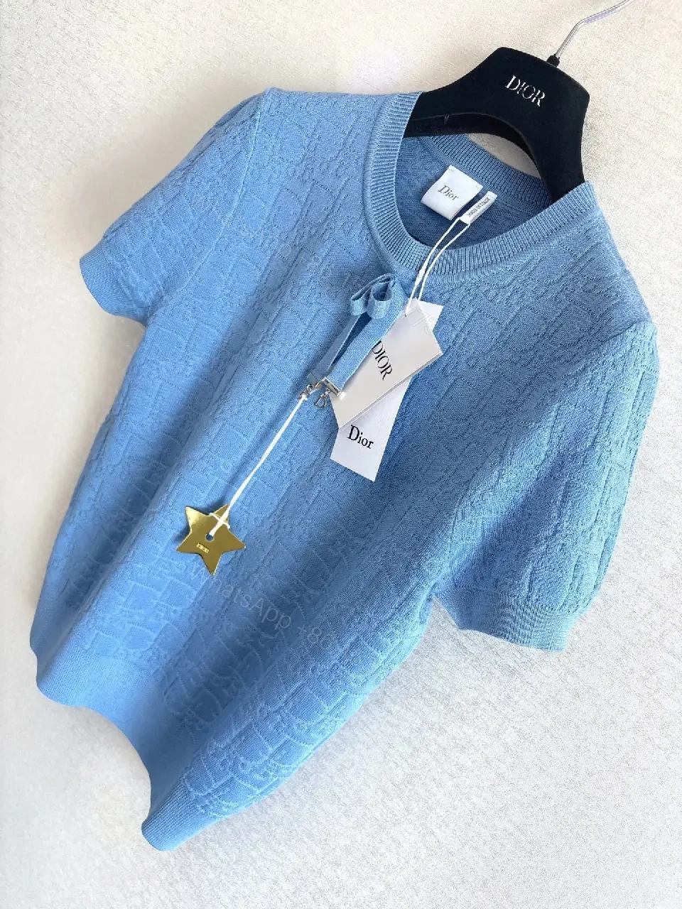 View 5 of Light-Blue Textured Knit Crewneck - Subtle Designer Pattern