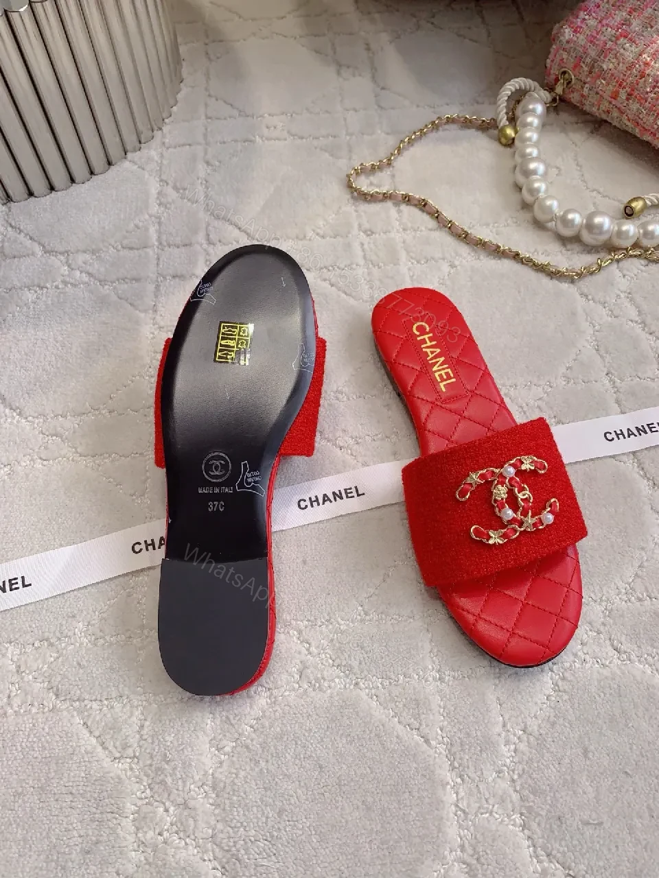 View 4 of Red Textured Slides with Logo Straps, Luxury Chic Slip-Ons