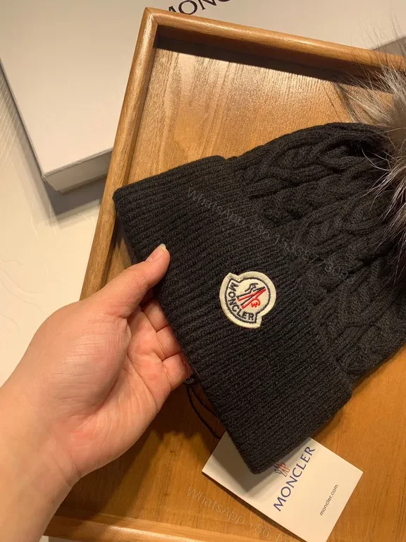 View 4 of Cozy Black Moncler Beanie: Plush Fur Pom-Pom Warm Wool-Blend Knit