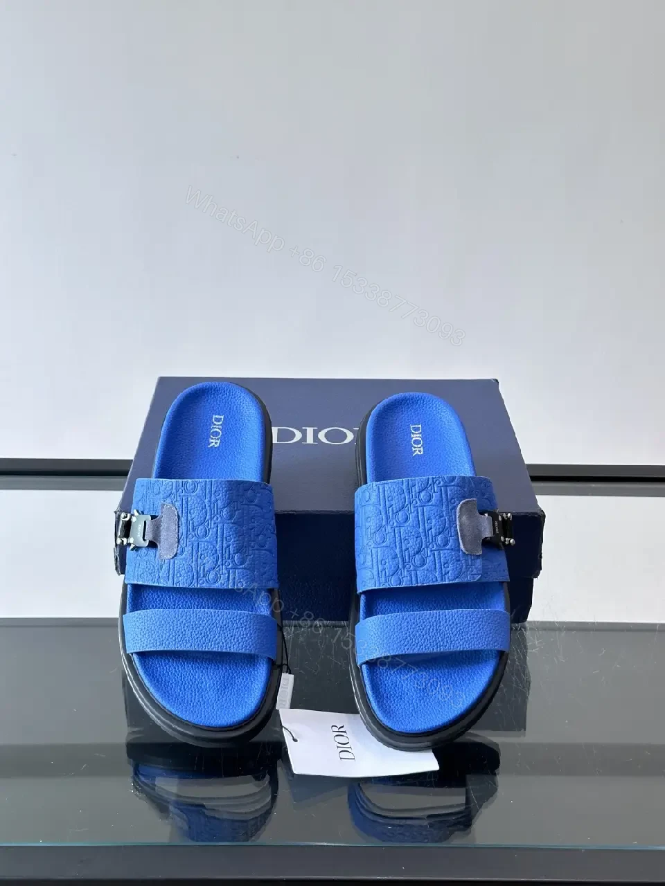View 6 of Blue Embossed Slide Sandals with Buckle - Dior Inspired Sm?