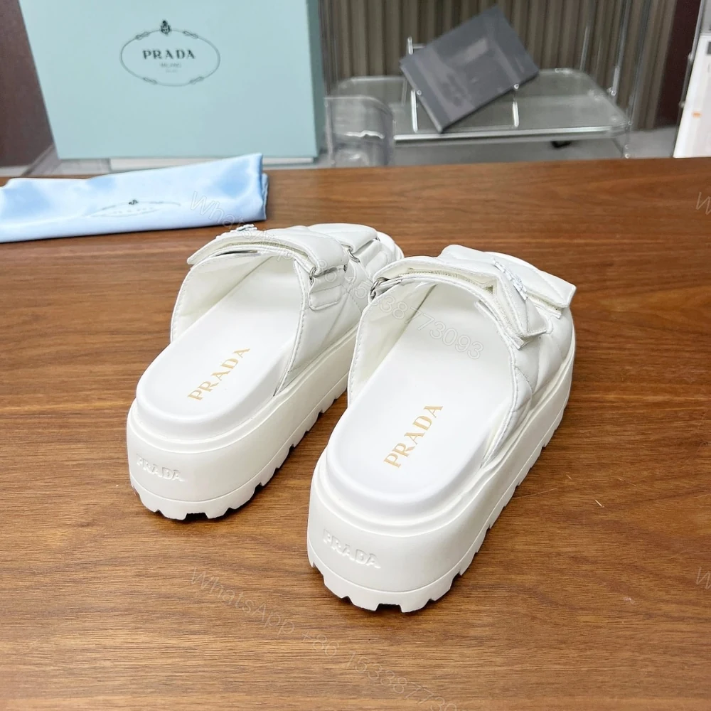 View 5 of PRADA QUILTED LEATHER PLATFORM SANDALS WHITE