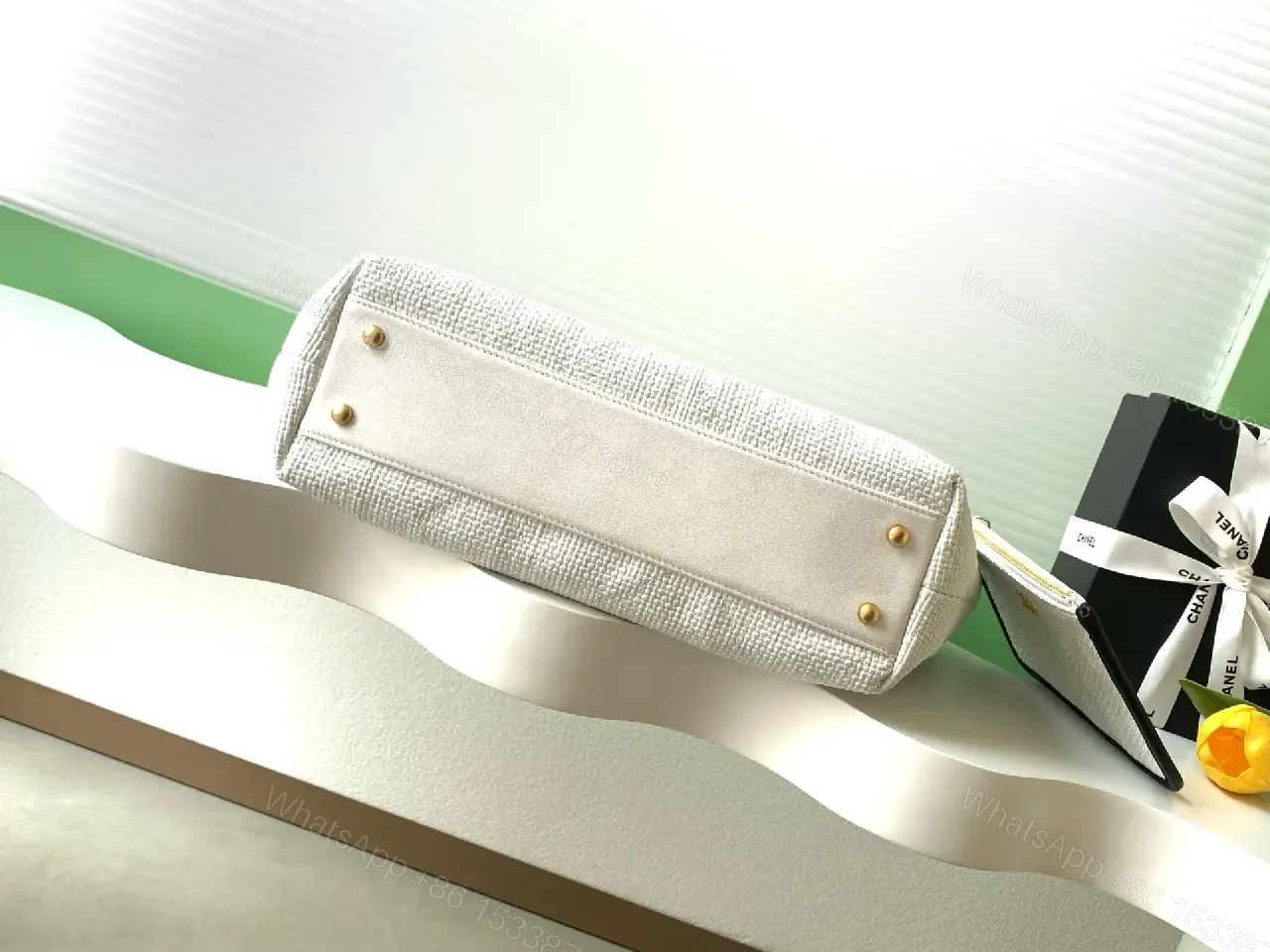 View 8 of Textured White Tote: Luxe, Structured, Dual-Chain Carry
