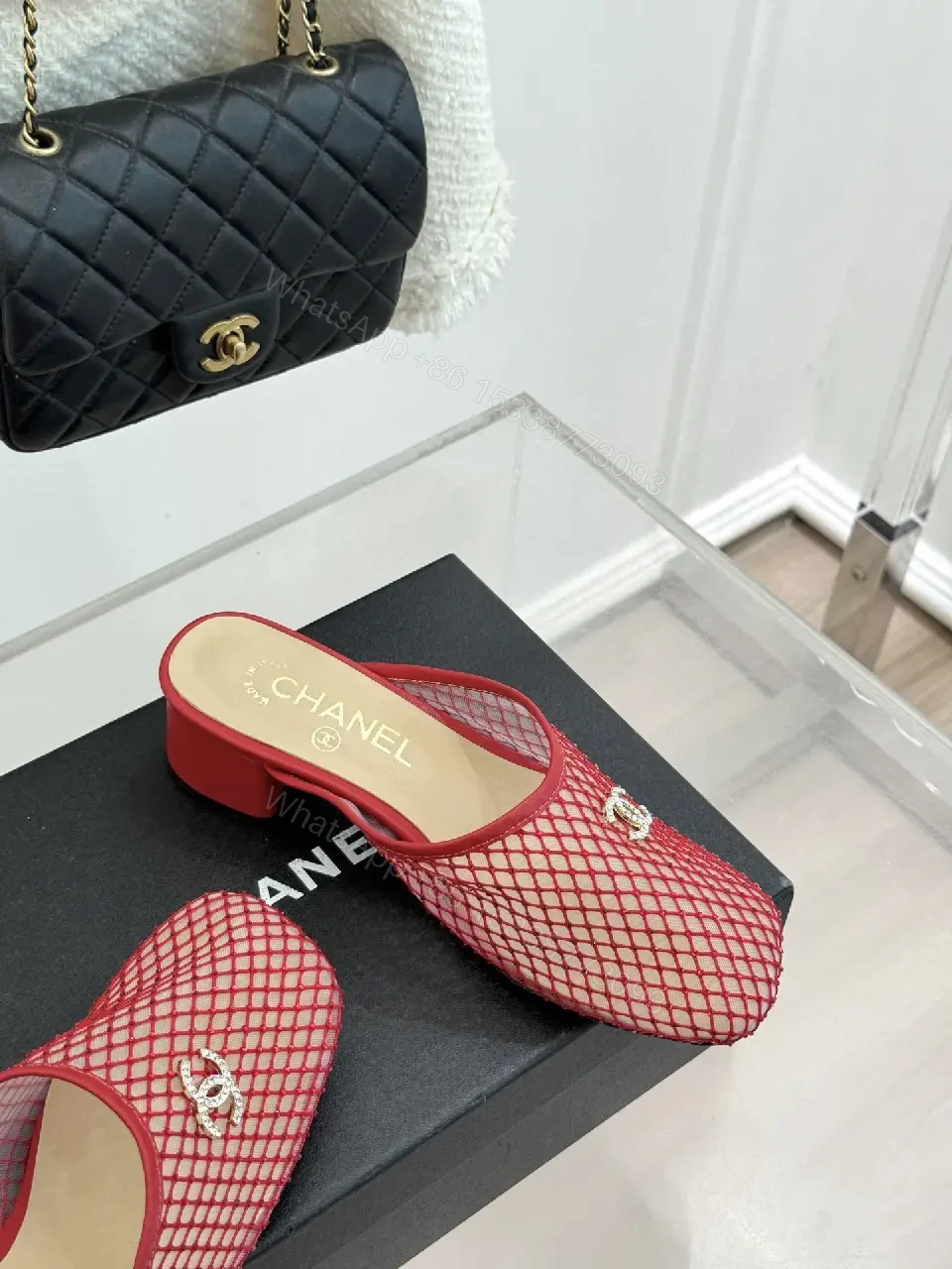 View 3 of Red Mesh Mules Silver CC Logo, Block Heel, Chanel Style Shoes