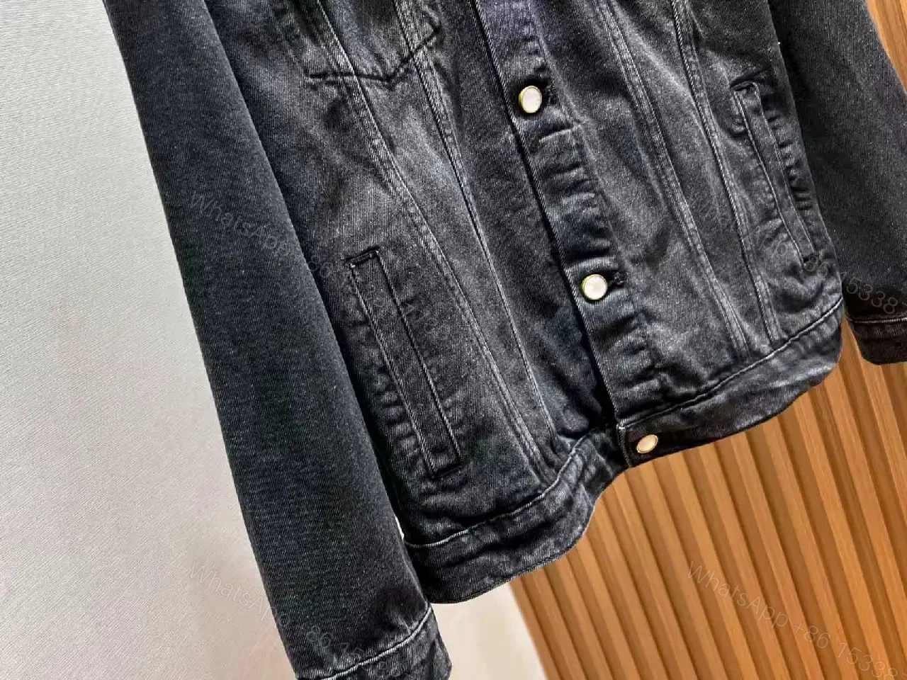 View 7 of Oversized Black Denim Jacket with Gold Monogram Embroidery
