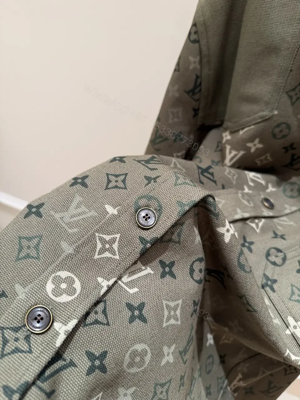 View 3 of Olive Green Denim-Style Shirt Jacket with LV Monogram