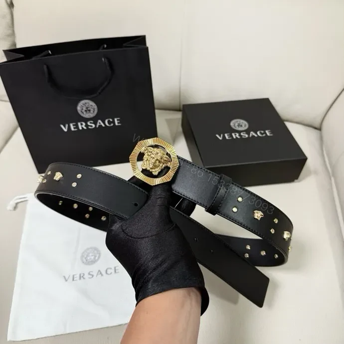 View 8 of Gold Lion Buckle Belt - Black Leather, Studded, Designer-Inspired Style