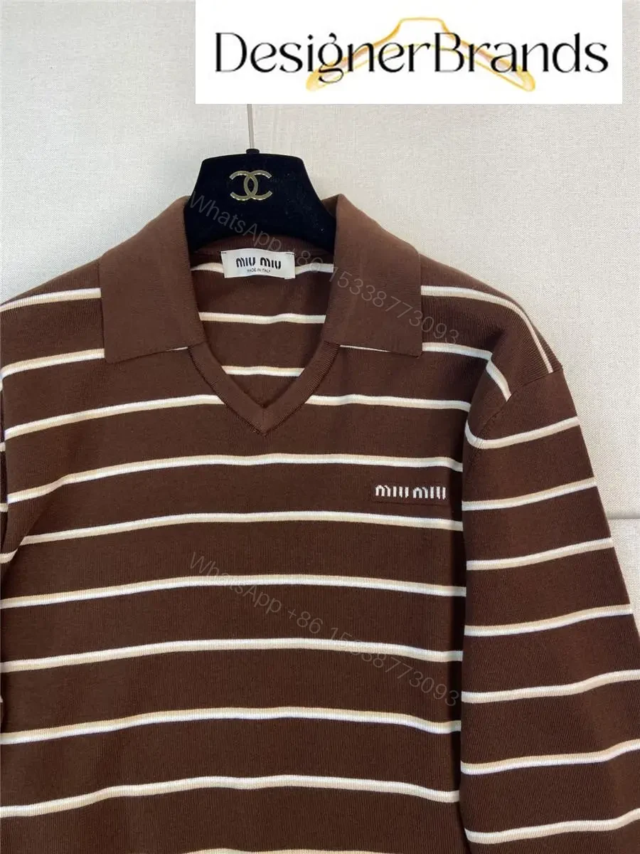 View 5 of Warm-Brown Ivory Striped Polo Knit: Lightweight, Structured Comfort