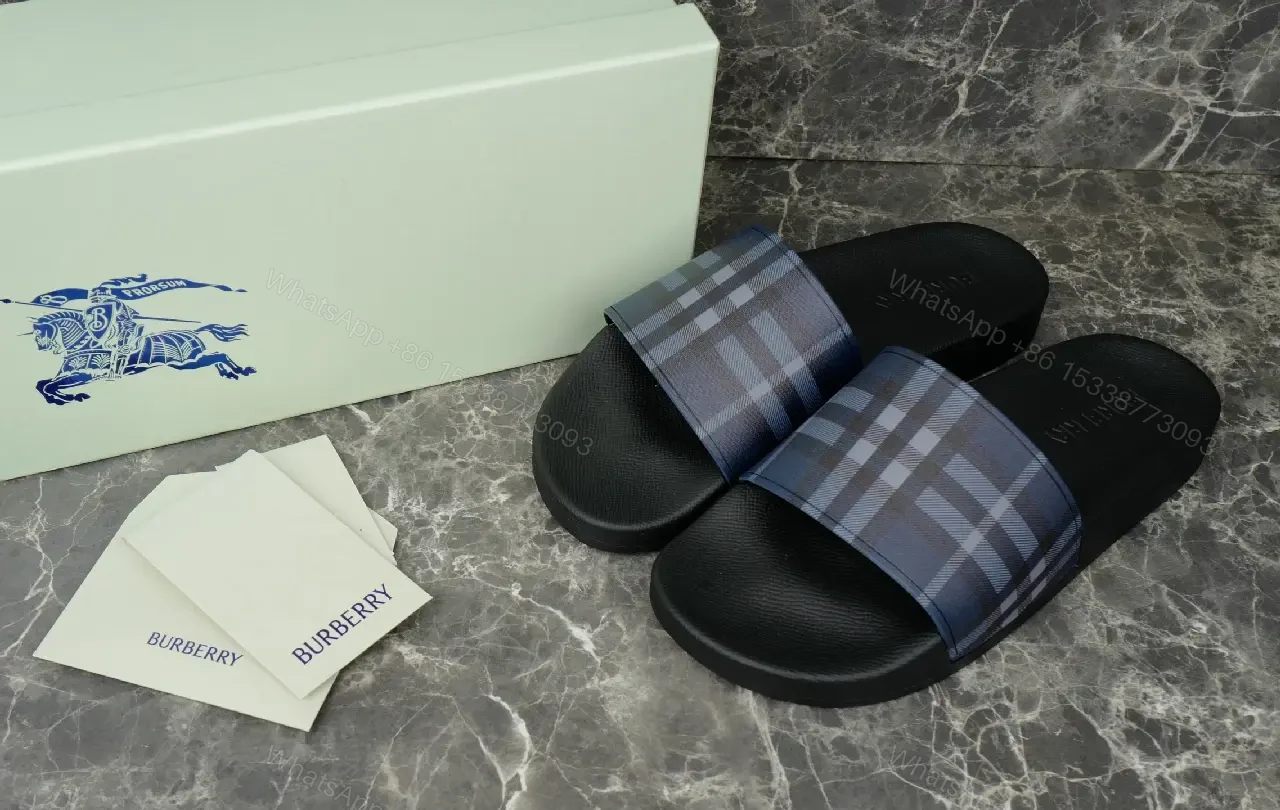 View 5 of Blue Plaid Slide Sandals with Burberry Design