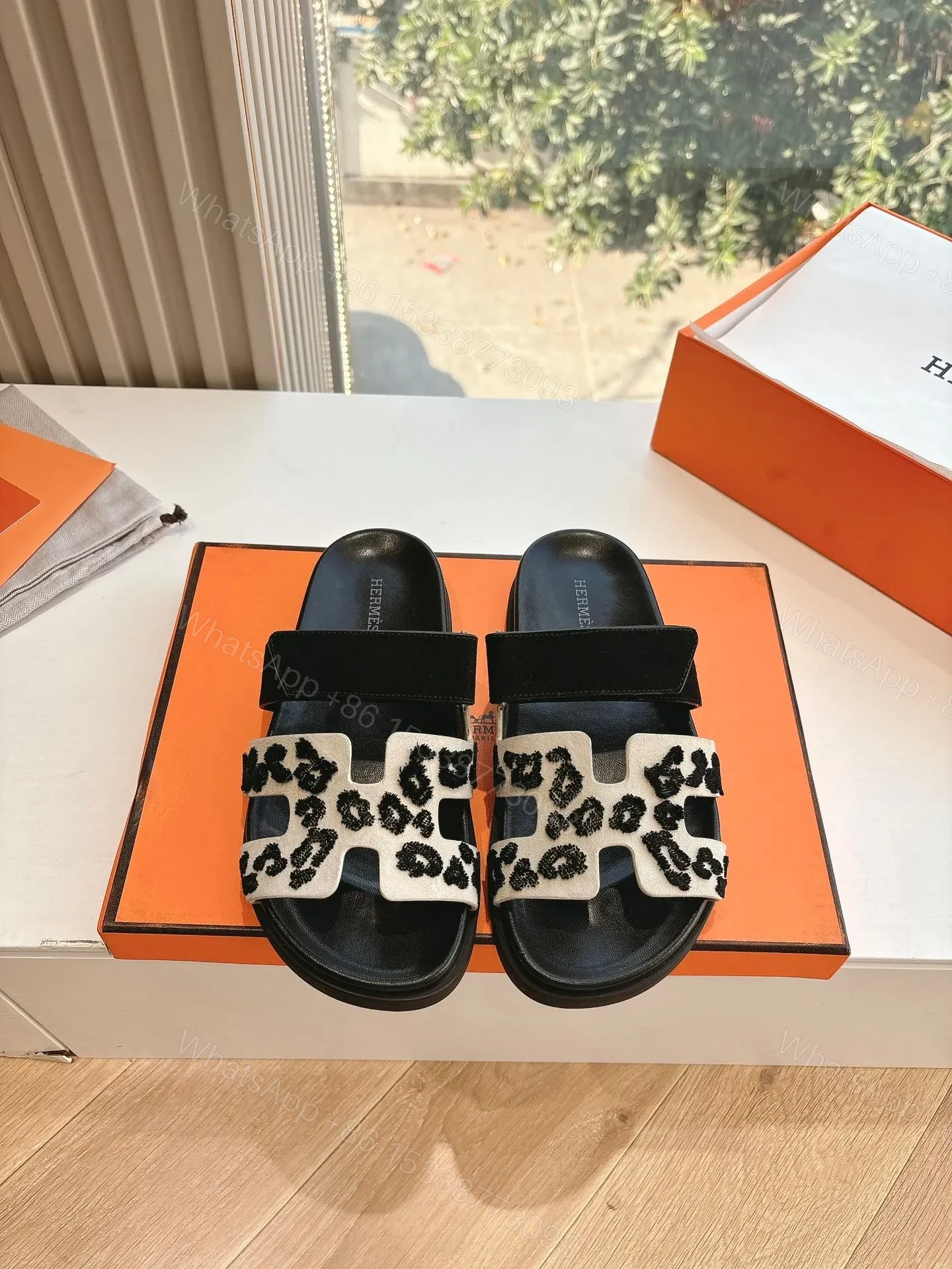 Hermes Women Black Suede And Leopard Print Sandals — view 1