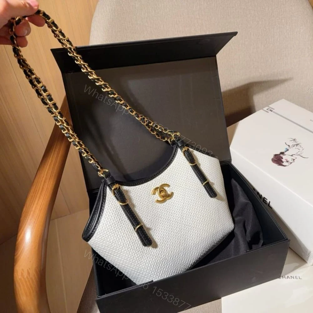 View 3 of Chanel Small Shopping Bag Braided Raffia White And Black 18Cm
