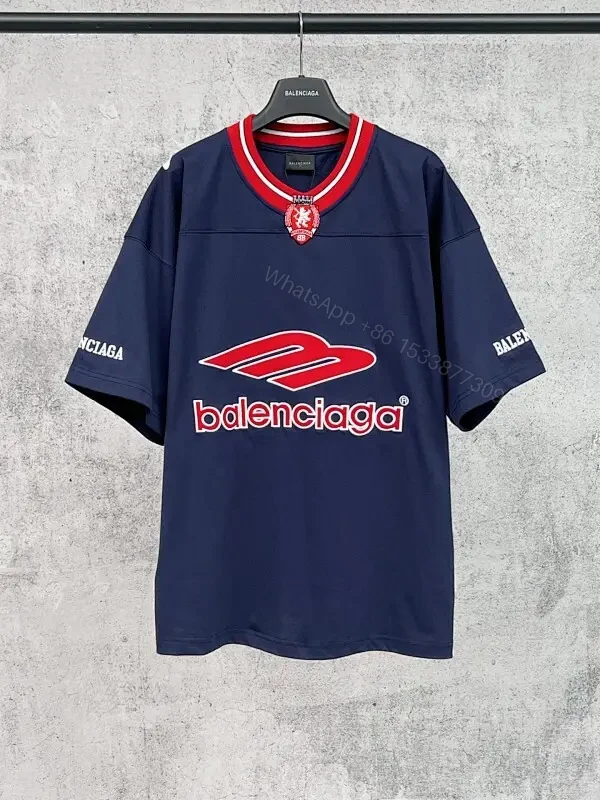 Navy Jersey with Bold Logo, Red Trim, Luxe Streetwear — view 1