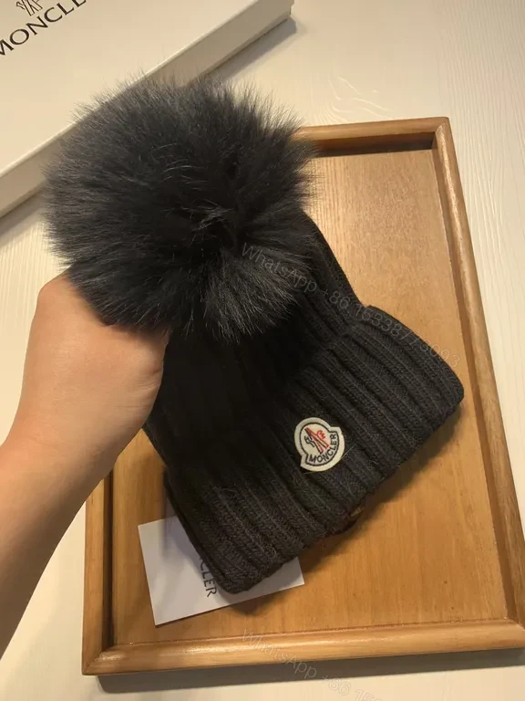 View 8 of Moncler Wool-Blend Beanie with Faux-Fur Pom, Black, Luxury Style