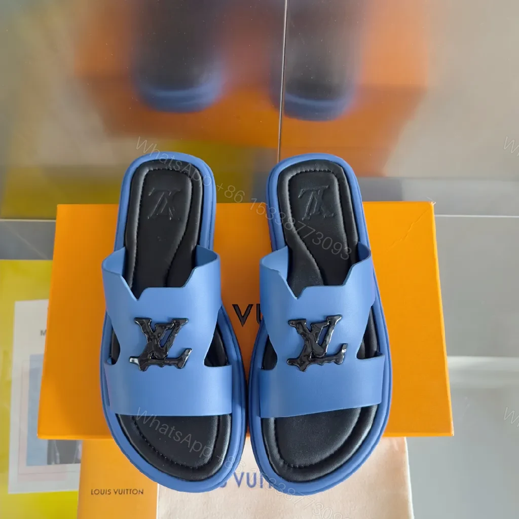 View 4 of Blue Leather Slip-Ons with LV Detail, Cushioned, Slip-On Shoes