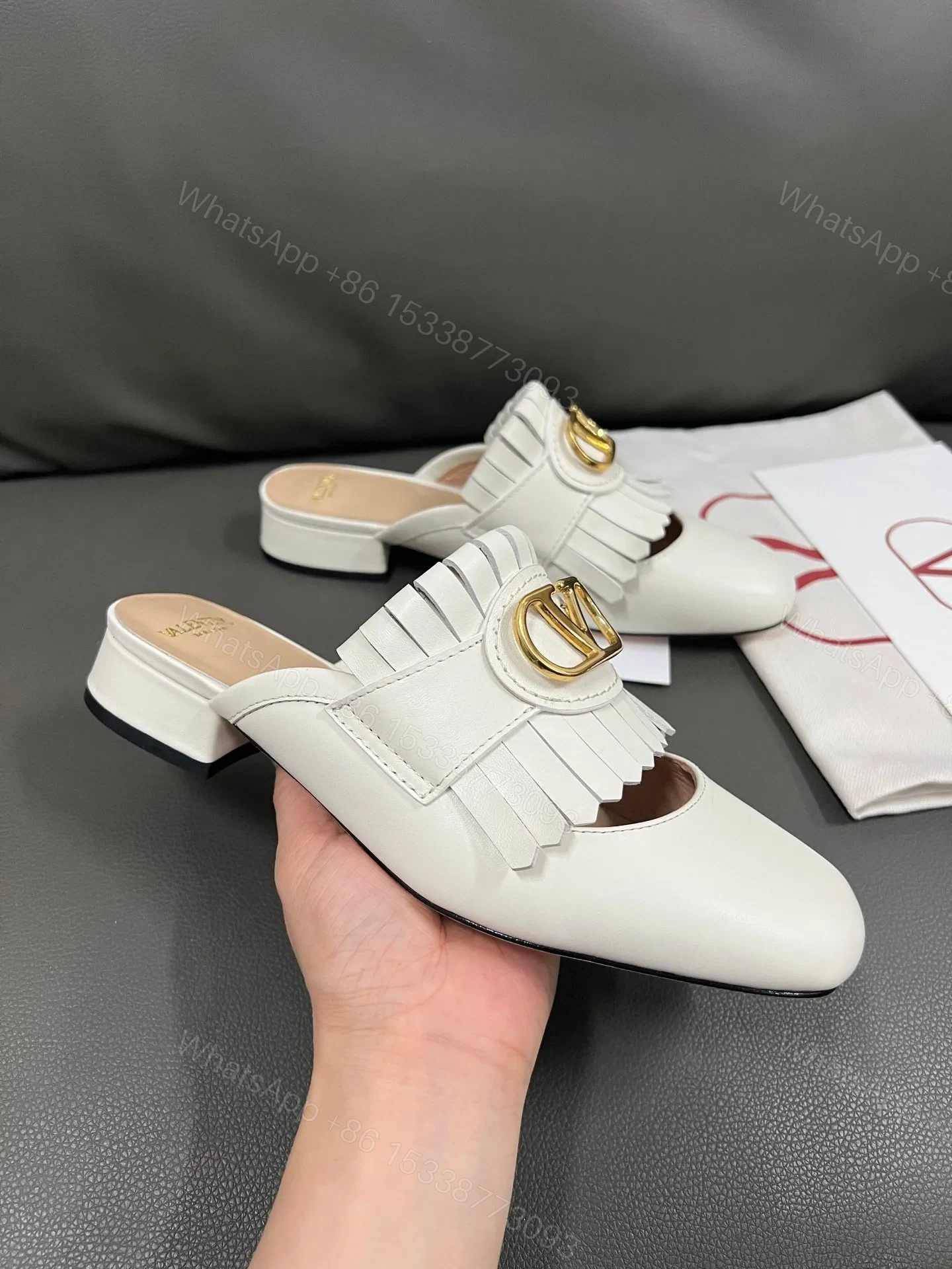View 5 of Valentino Women White Leather Fringe Mules
