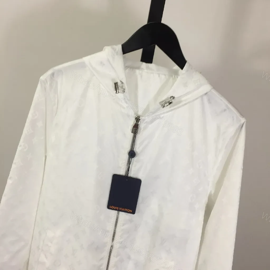 View 6 of White Zip-Front Jacket with Subtle Monogram Texture