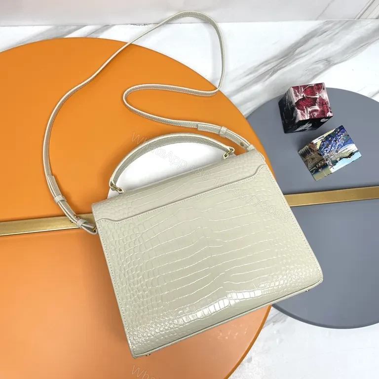 View 9 of Ivory Croc-Embossed Leather Bag with Gold YSL Logo, Structured Style