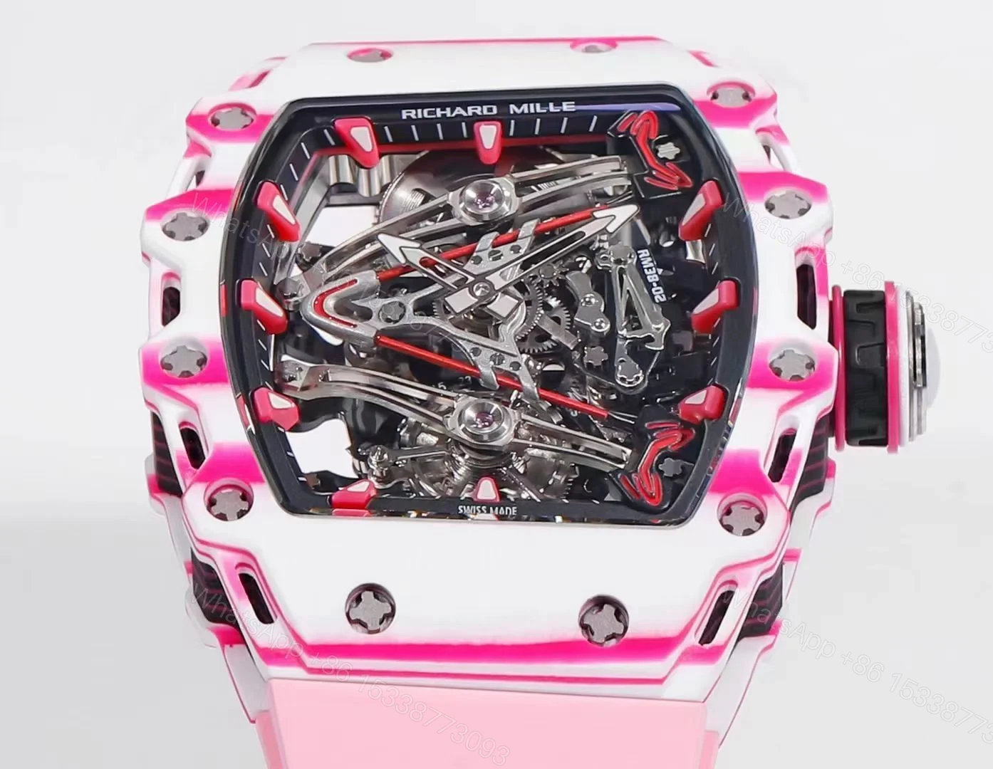 View 3 of Richard Mille RM38-02 Tourbillon Bubba Watson Watch Pink Quartz Carbon Fiber Case Skeleton Dial Manual Winding Tourbillon 10000G Shock Resistant Golf Edition RM38-02-BW-PINK-QCF-GT