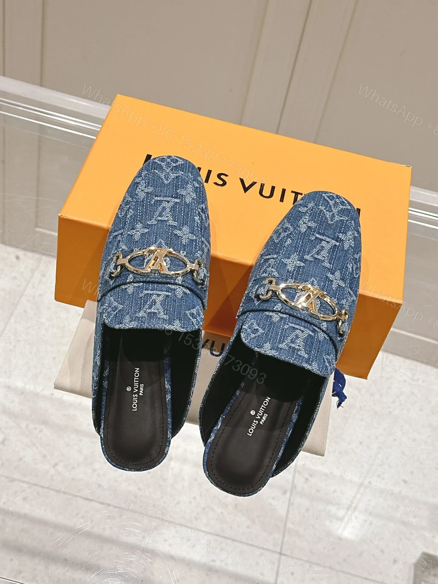 View 5 of LV Women Blue Denim Leather Mules