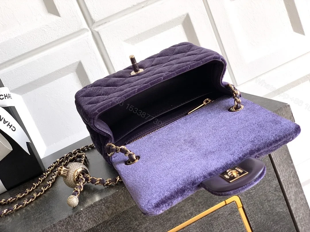 View 7 of Purple Velvet Quilted Shoulder Bag with Gold Hardware