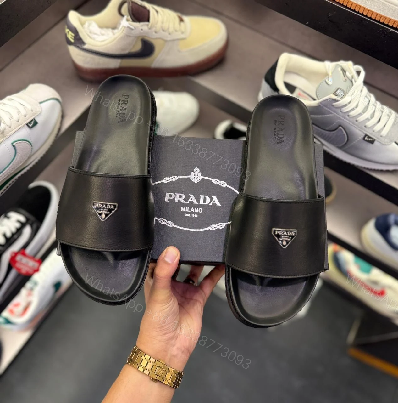 View 3 of FIRST COPY PRADA LEATHER SLIDES