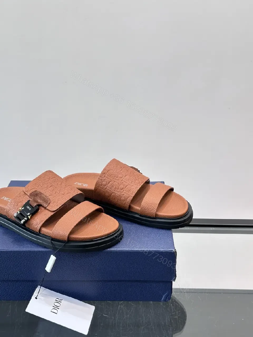View 2 of Brown Leather Sandals Dior Embossed Classic Slide Buckle Strap Sandals