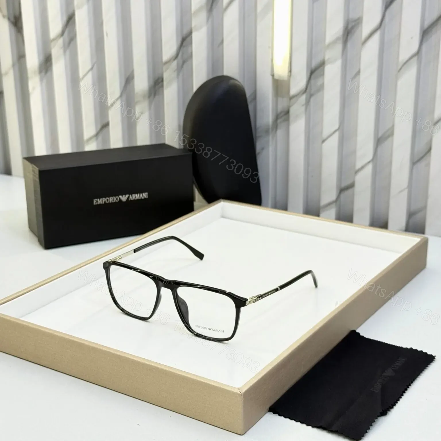 Emporio Armani Rectangular Black Eyeglasses Silver Accents — view 1
