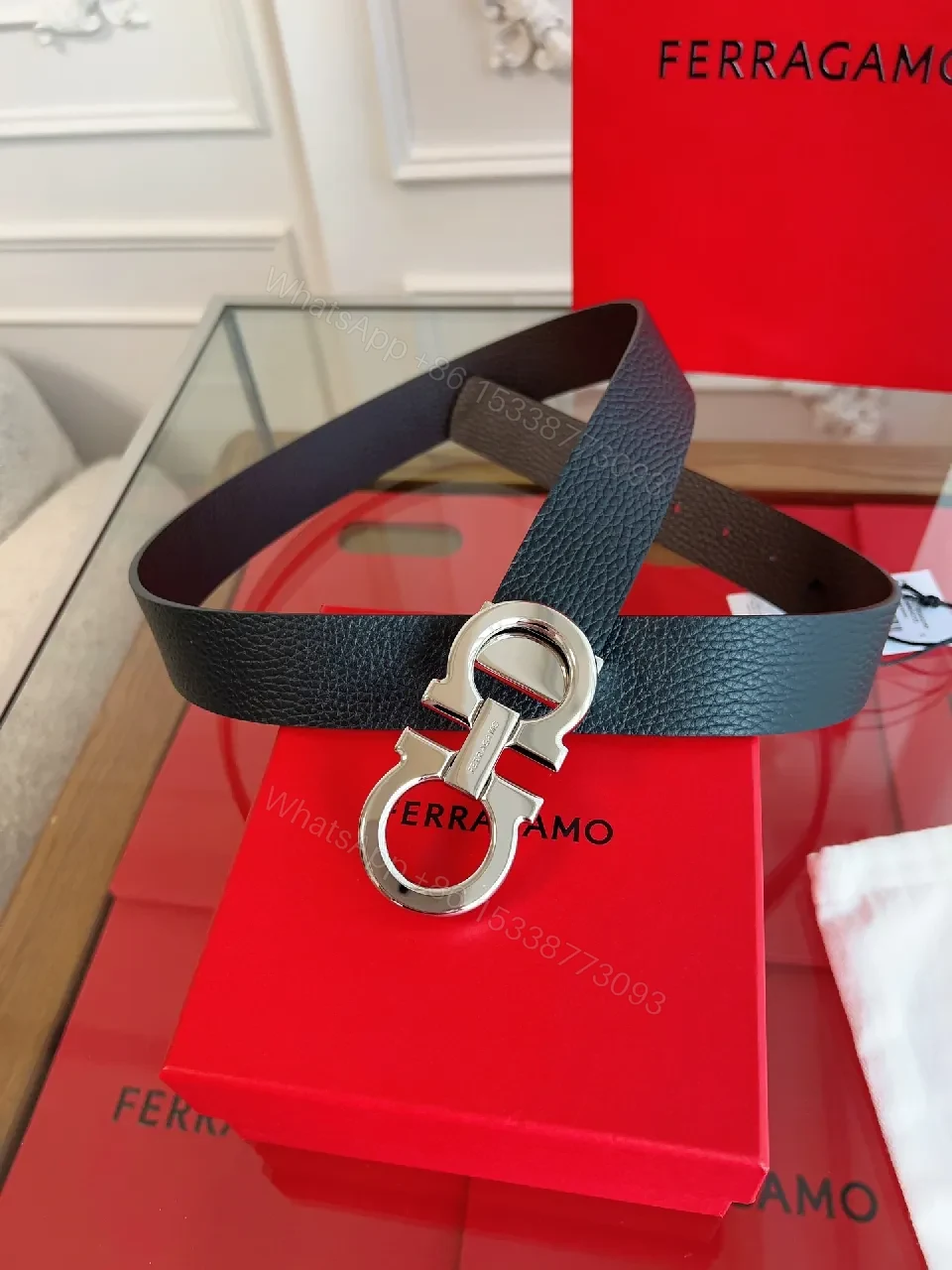 View 7 of Black Leather Belt with Double-Gold Hardware, Modern Architectural Twist