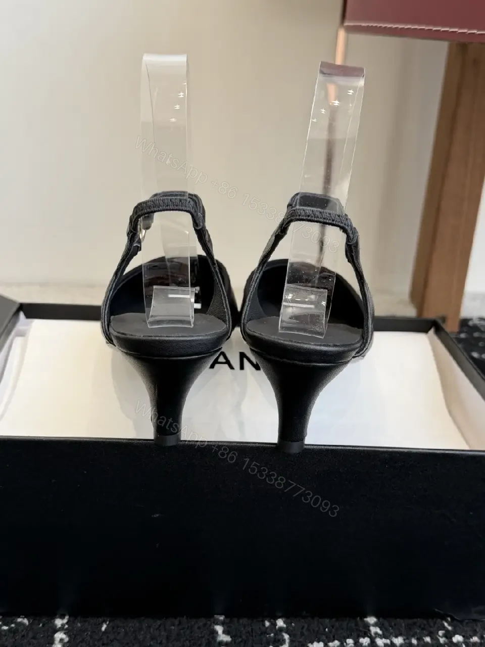 View 2 of Black Leather Sandal Heels with Chanel Logo, Slingback Style