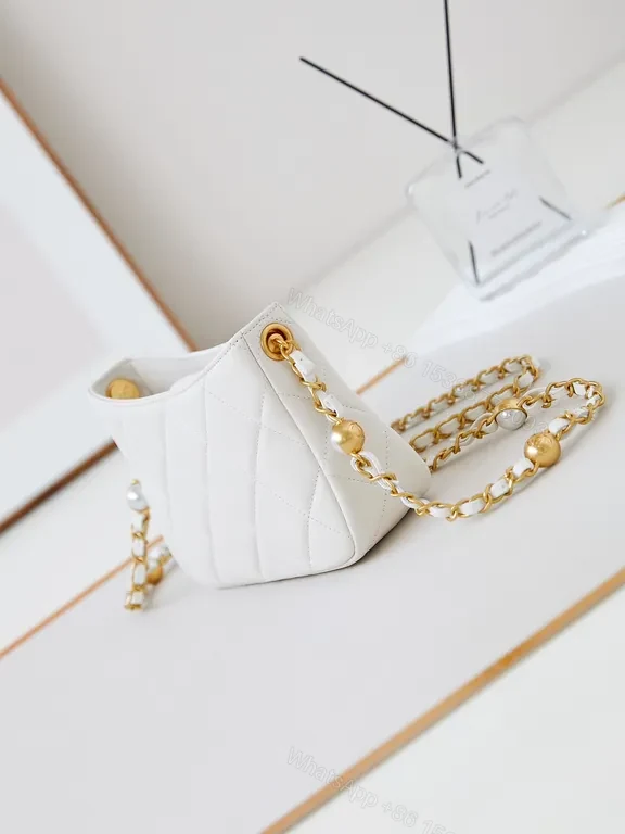 View 2 of White Quilted Mini Crossbody with Gold Chain, Luxe Calf Leather Bag