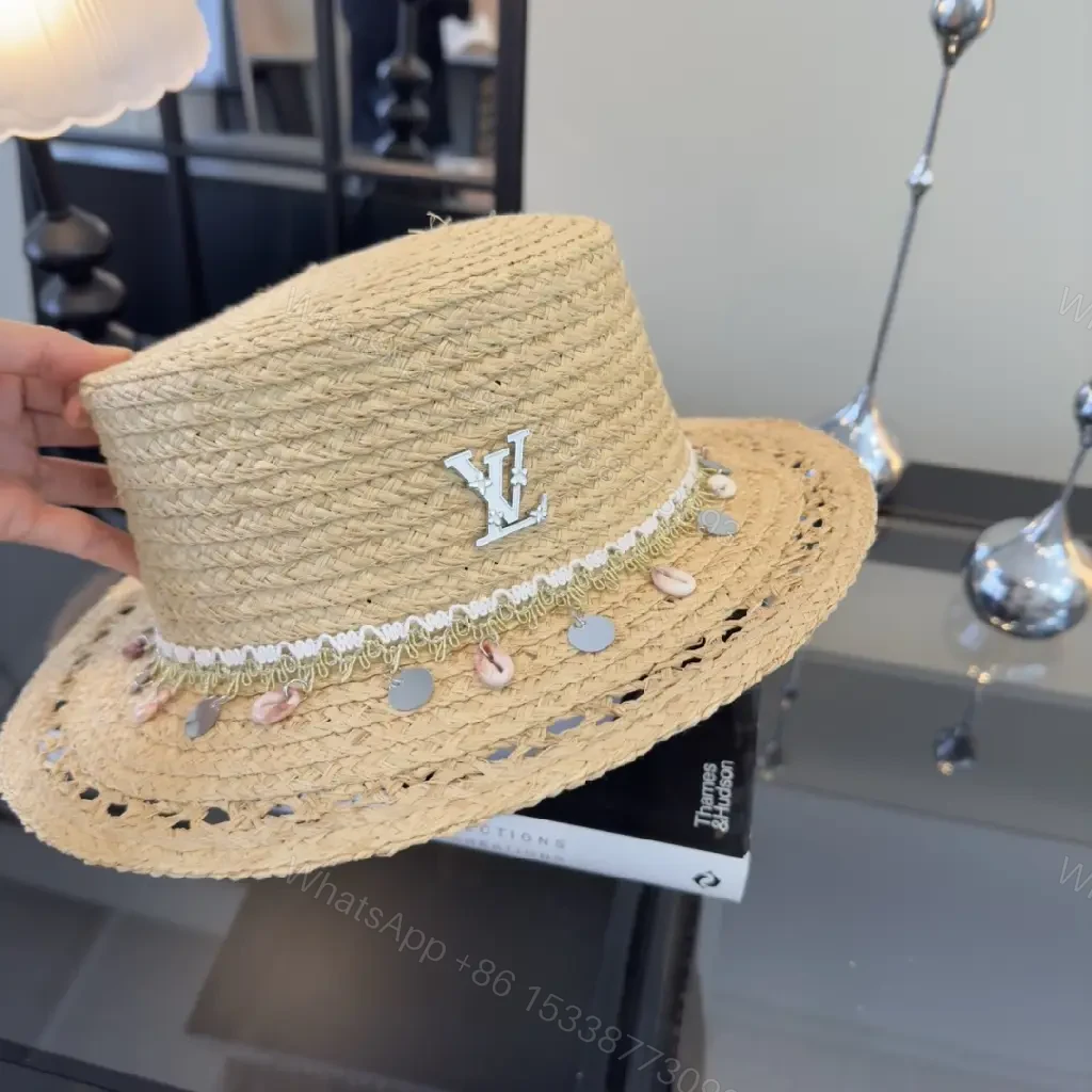 View 7 of Natural Beige Straw Boater Hat with Silver LV Charm, Chic Wide Brim