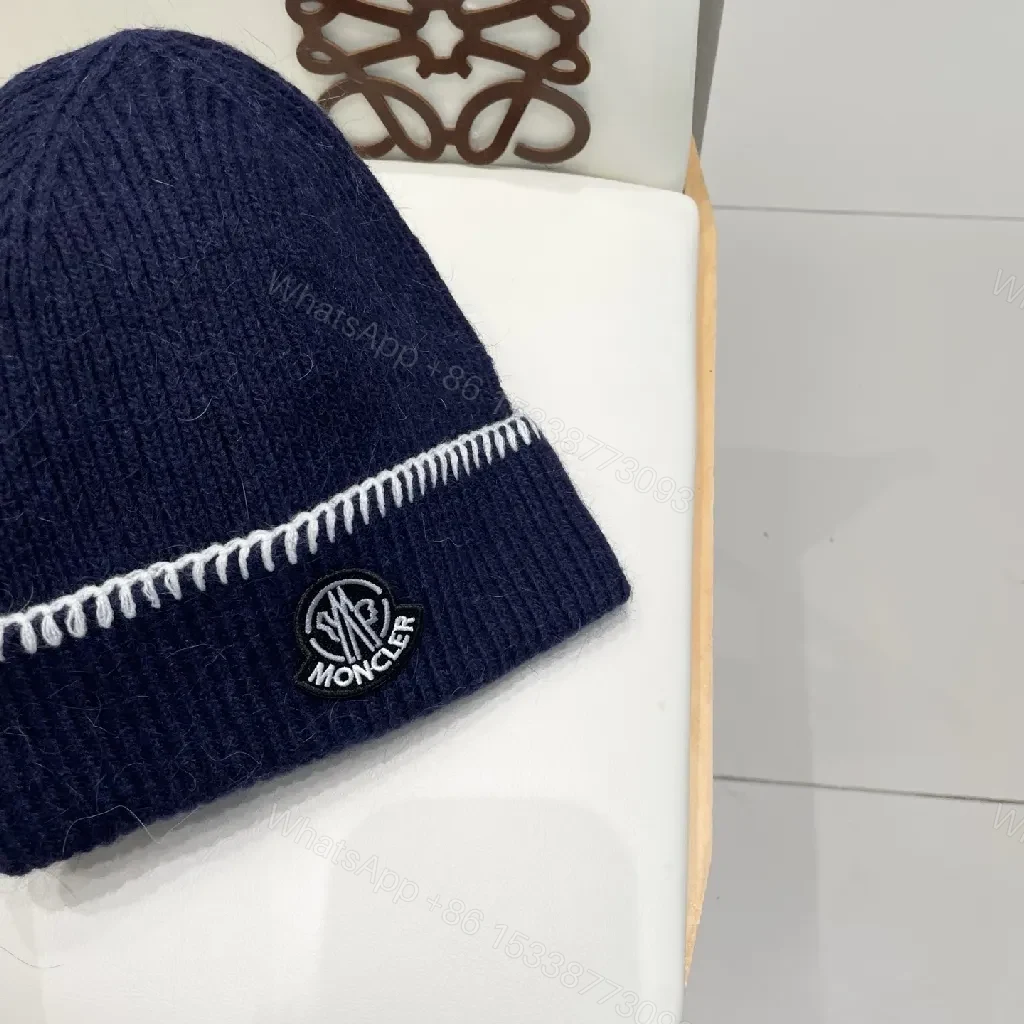 View 2 of Navy Knit Beanie with Contrast Stitch, Fold-Over Cuff