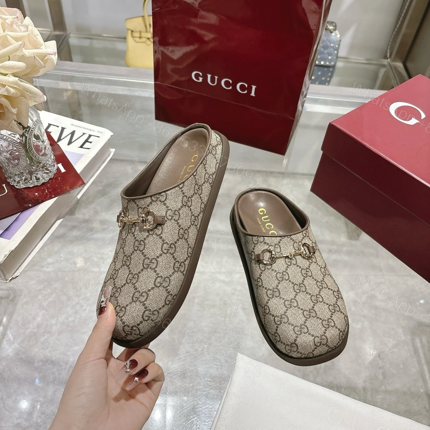 View 6 of GUCCI WOMEN MULE WITH HORSEBIT CAMEL AND DARK BROWN GG CANVAS 837130 FAB10 2543