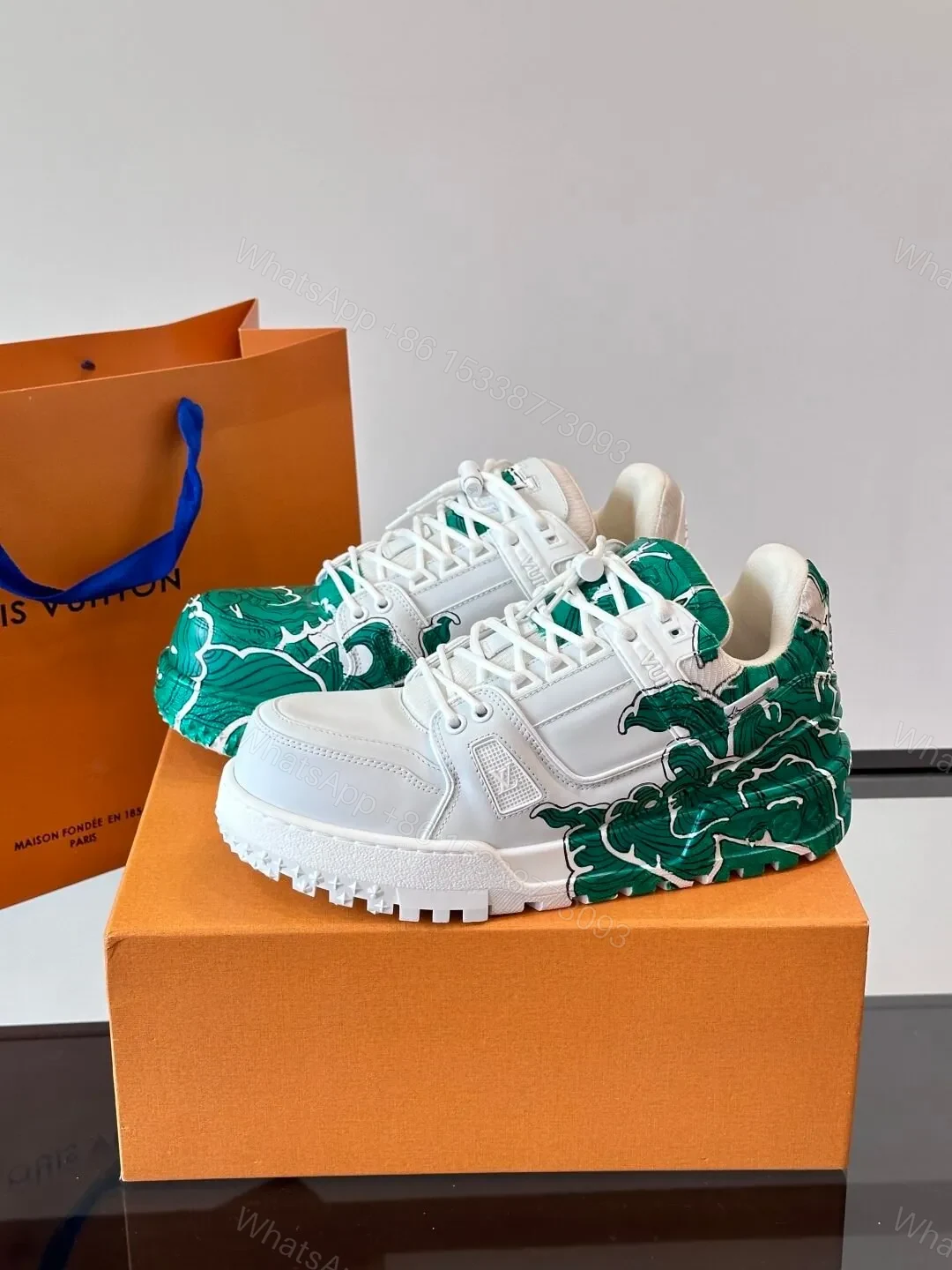 View 3 of LV Men White Green Leather Sneakers