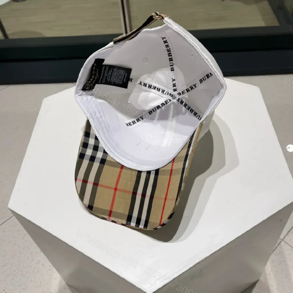 View 5 of White Cotton Cap with Plaid Brim and Logo Embroidery