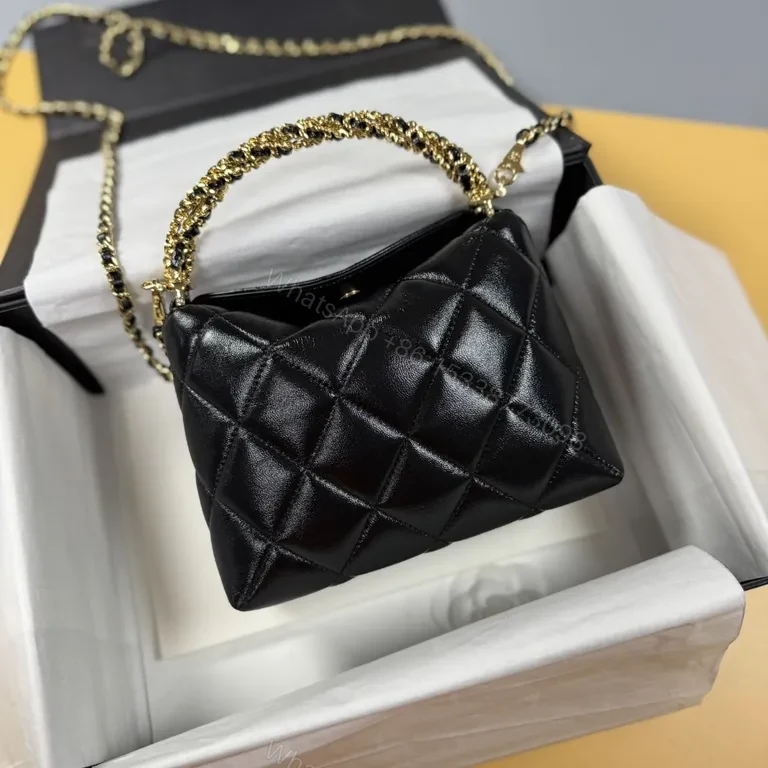 View 6 of Quilted Black Leather Crossbody Bag with Gold Chain