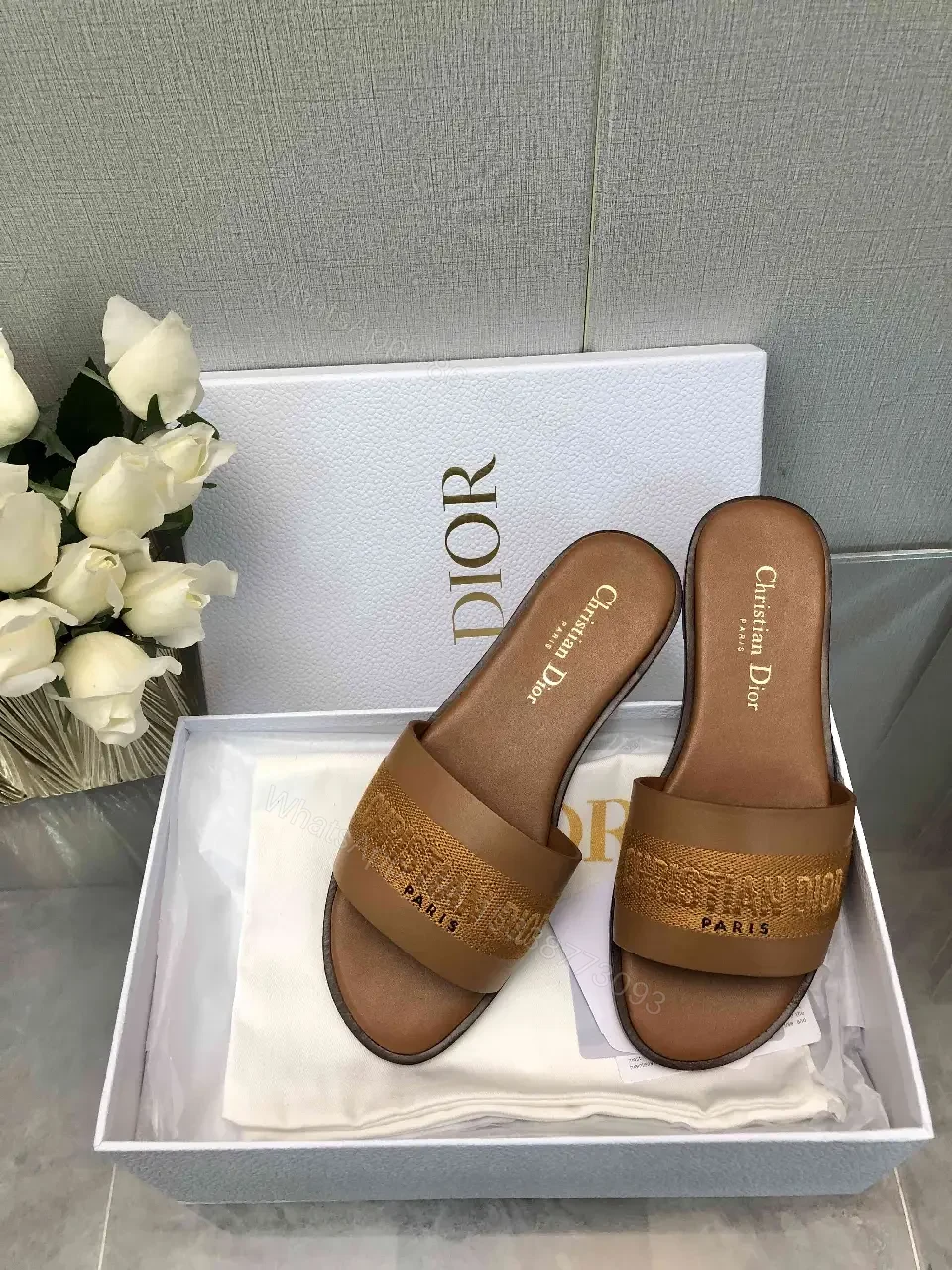 View 2 of Brown Leather Christian Dior Slides, Bold Logo Strap, Paris, Slide Sandals