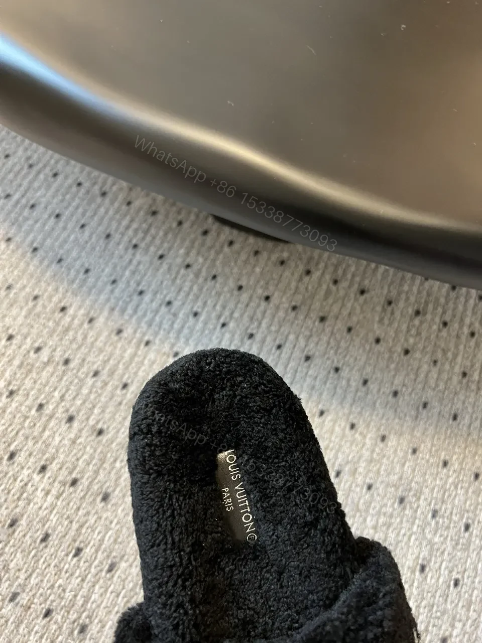 View 2 of Chunky Black Fleece Slides + Monogram Luxe + Open-Back + Plush Comfort + Sliders