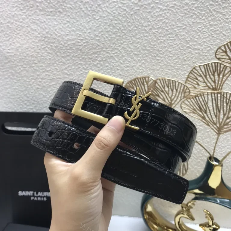 View 2 of Chic Crocodile-Textured Belt with YSL Buckle - Luxury Leather Belt