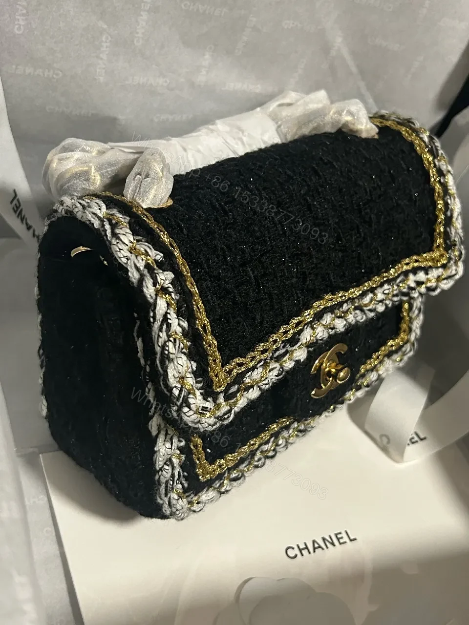 View 7 of Velvet Flap Bag with Gold-Edge Chain Detailing