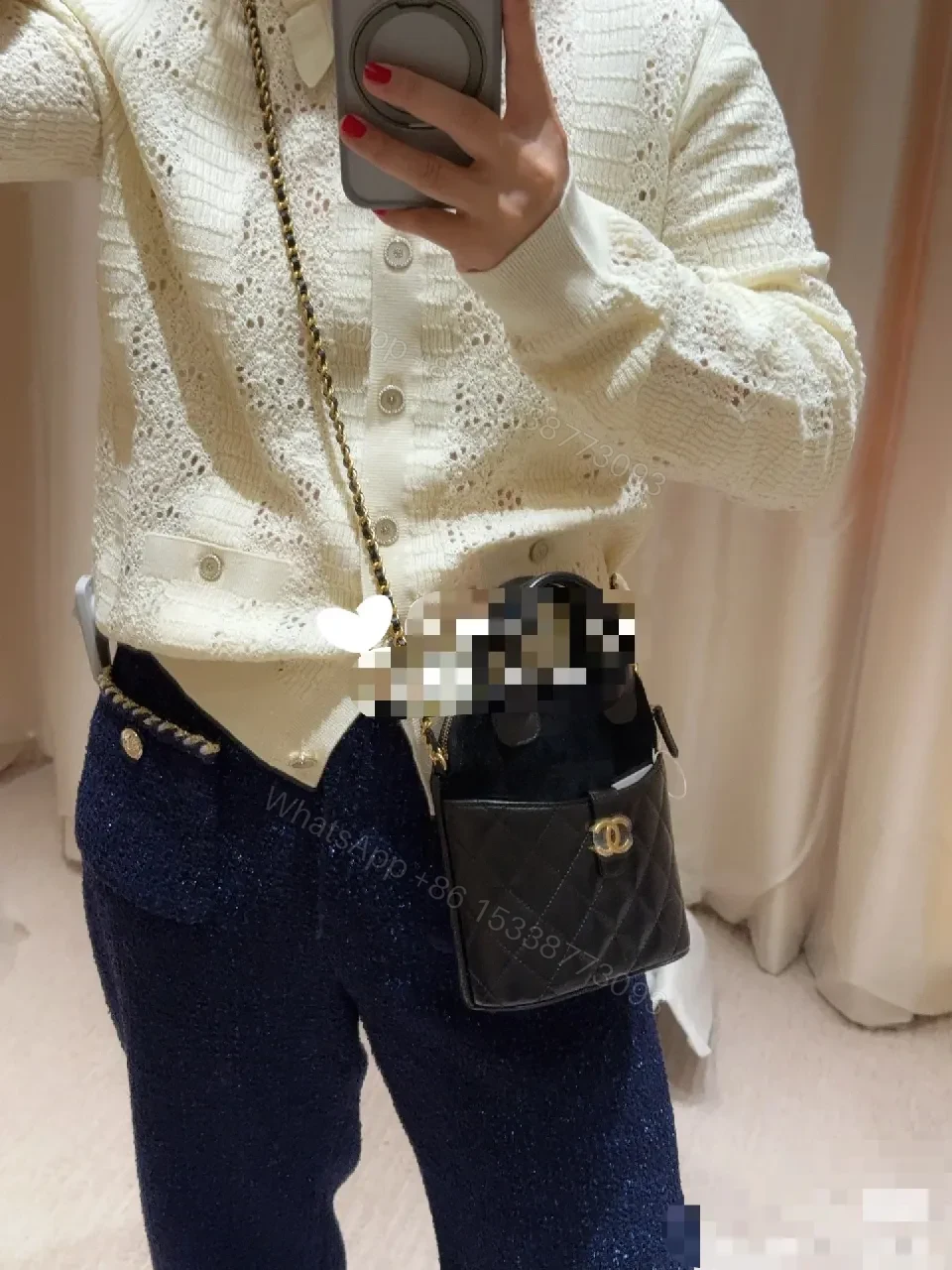View 2 of Quilted Leather Mini Bag with Velvet Accents, Gold Chain
