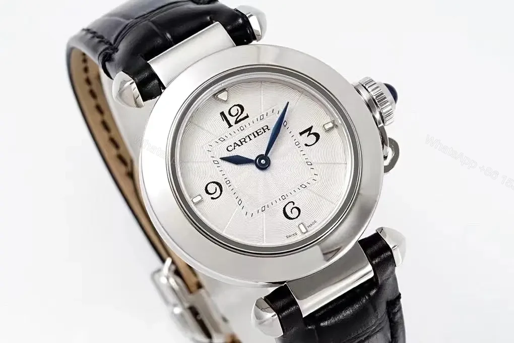 View 3 of Cartier Pasha de Cartier Women’s Watch – 30mm Silver Dial, Blue Hands, Black Leather Strap, Swiss Quartz Movement Cal.157