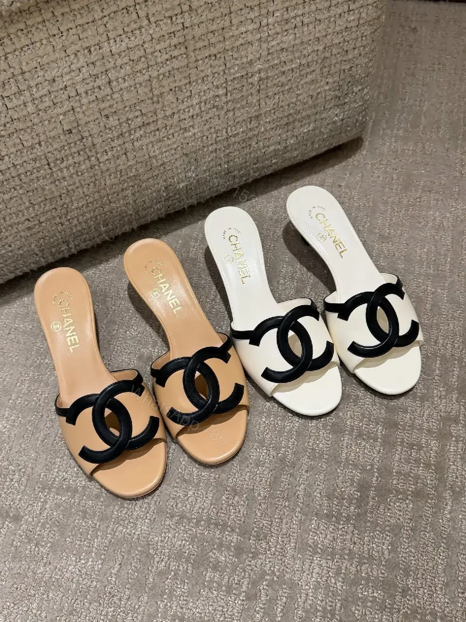 View 2 of Beige Leather Slide Signature Chanel Logo Sandals