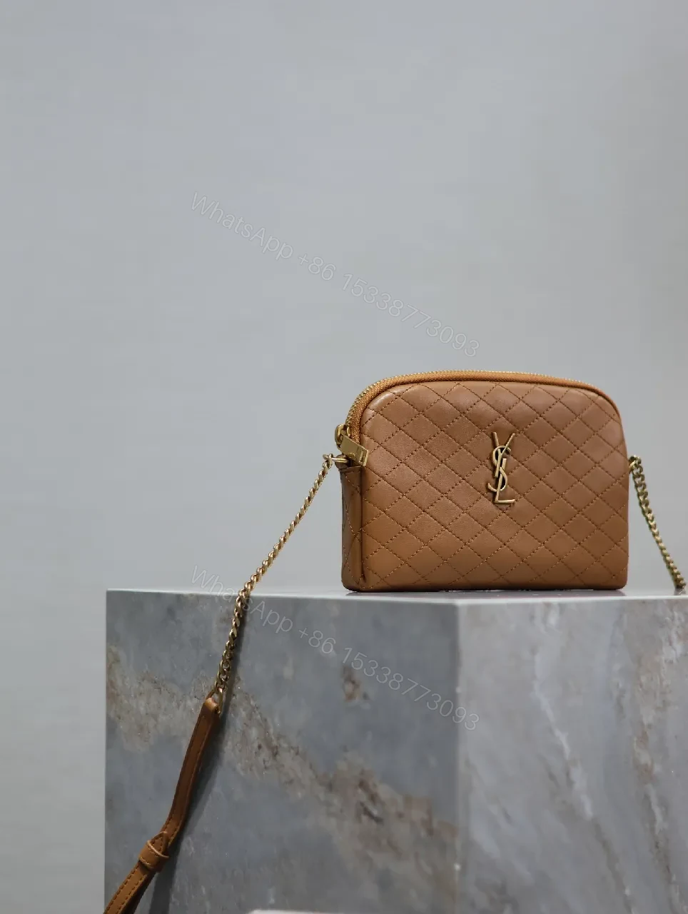 View 4 of Compact Tan Quilted Bag: Crossbody, Gold Hardware, Luxe Style