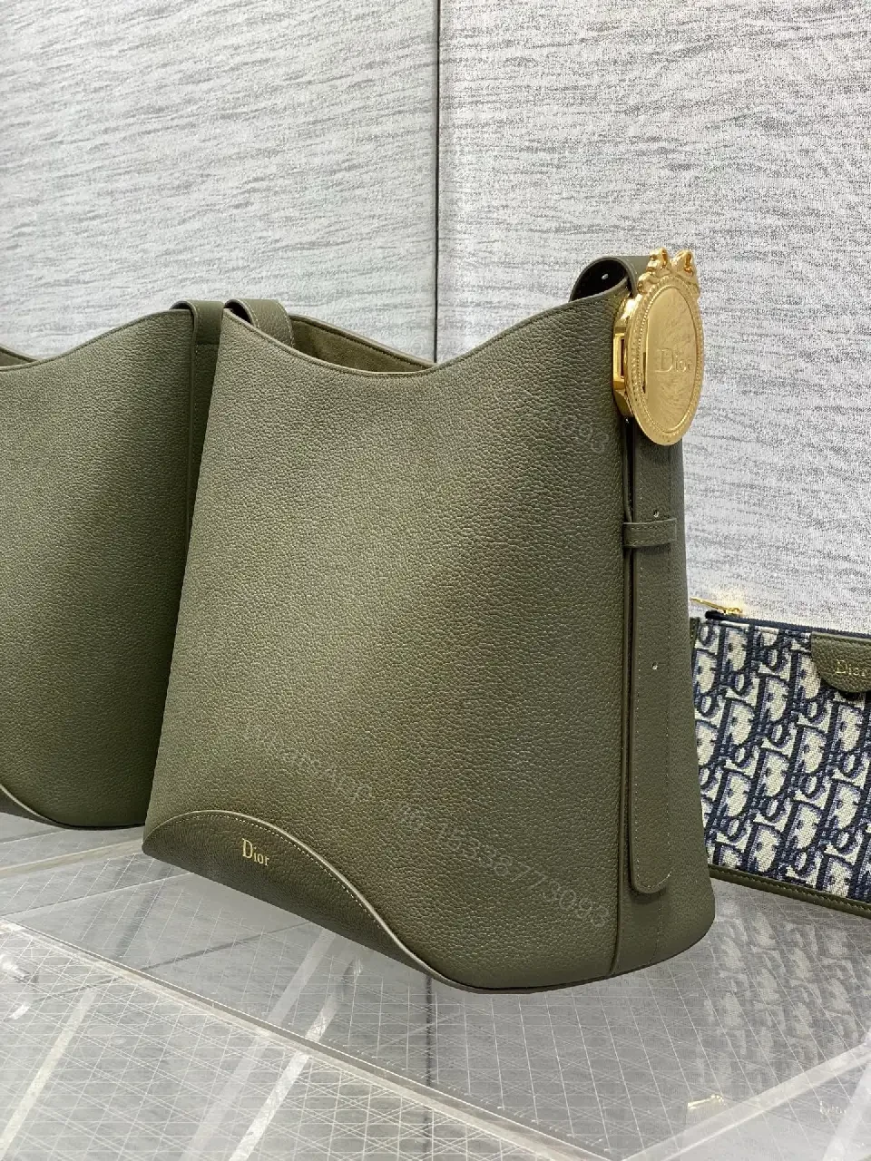 View 4 of Olive Pebbled Leather Satchel with Dior Pattern Card Holder