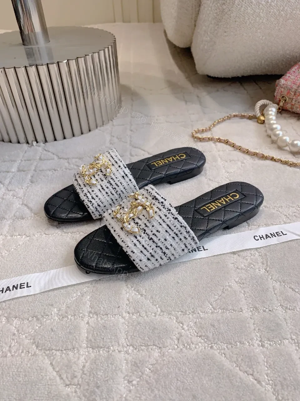 View 7 of Quilted Slides with Crystal Emblem - Luxe Everyday Comfort