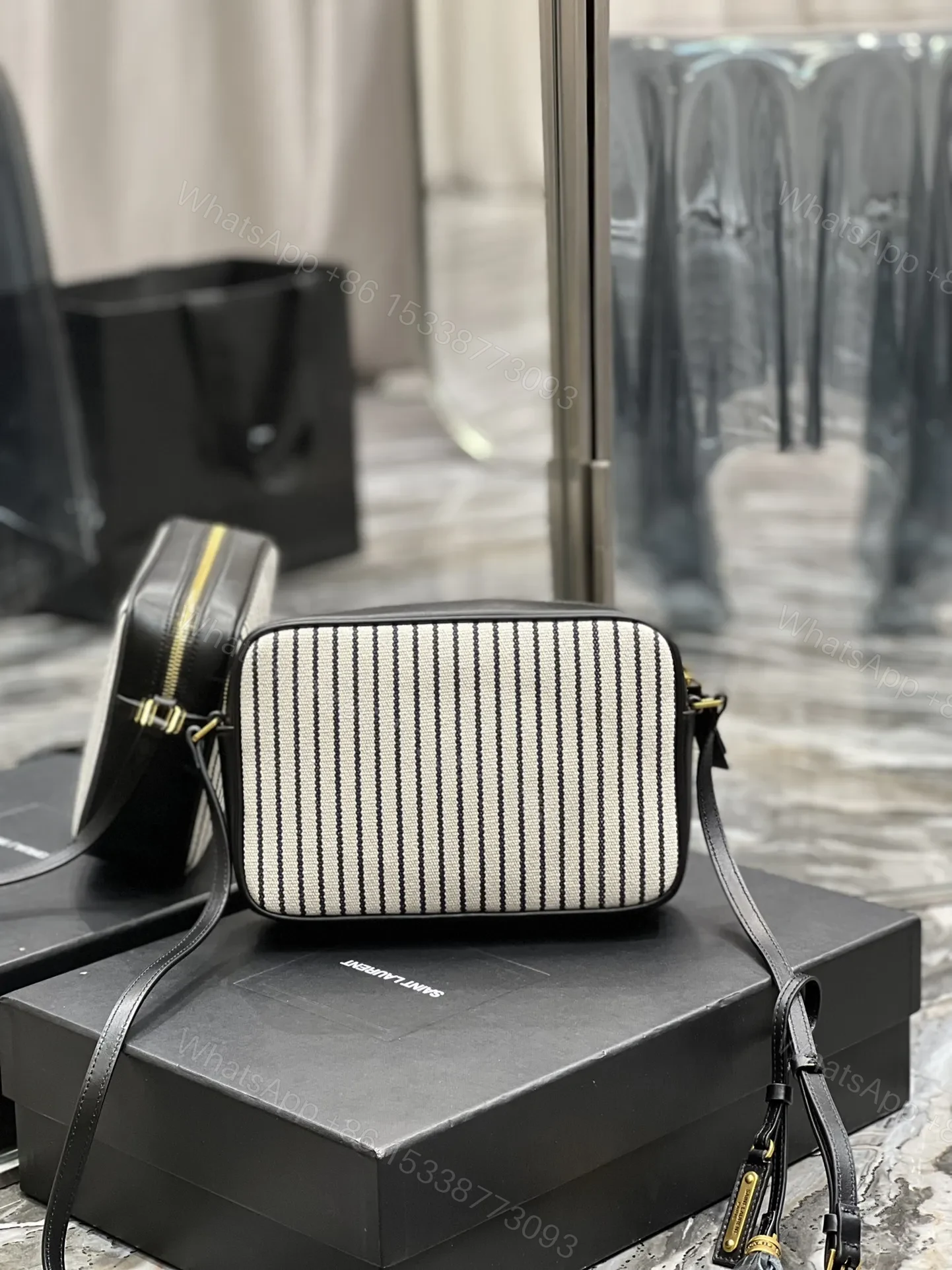 View 6 of SAINT LAURENT Lou Medium Ysl Striped Canvas Camera Crossbody Bag In Grey Cream